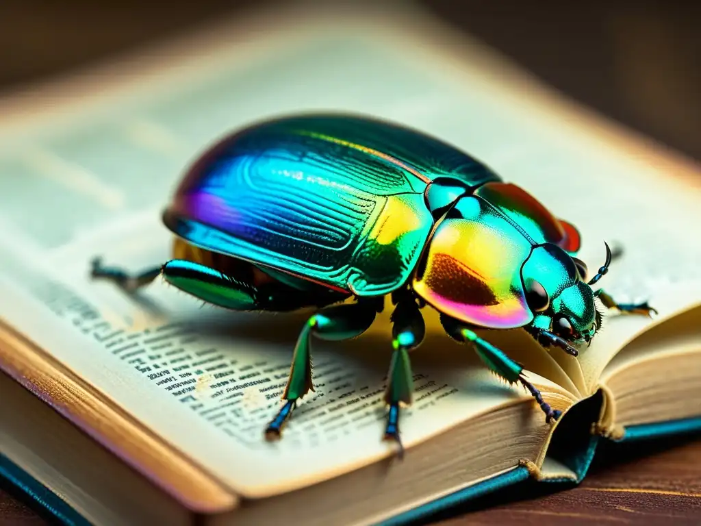 Detalle de escarabajo iridiscente en libro antiguo, simbolizando la presencia de insectos como símbolos literatura mundial