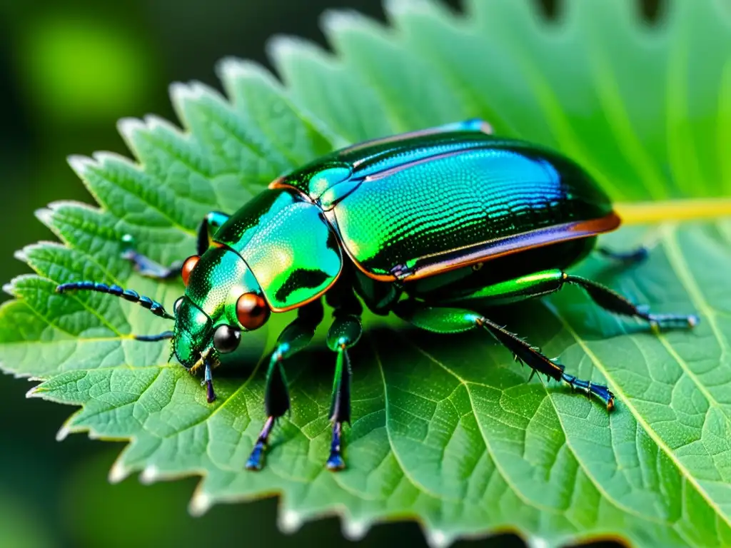 Escarabajo iridiscente en hoja: belleza natural en detalle Detalle de un escarabajo iridiscente posado en una hoja, con sus alas desplegadas