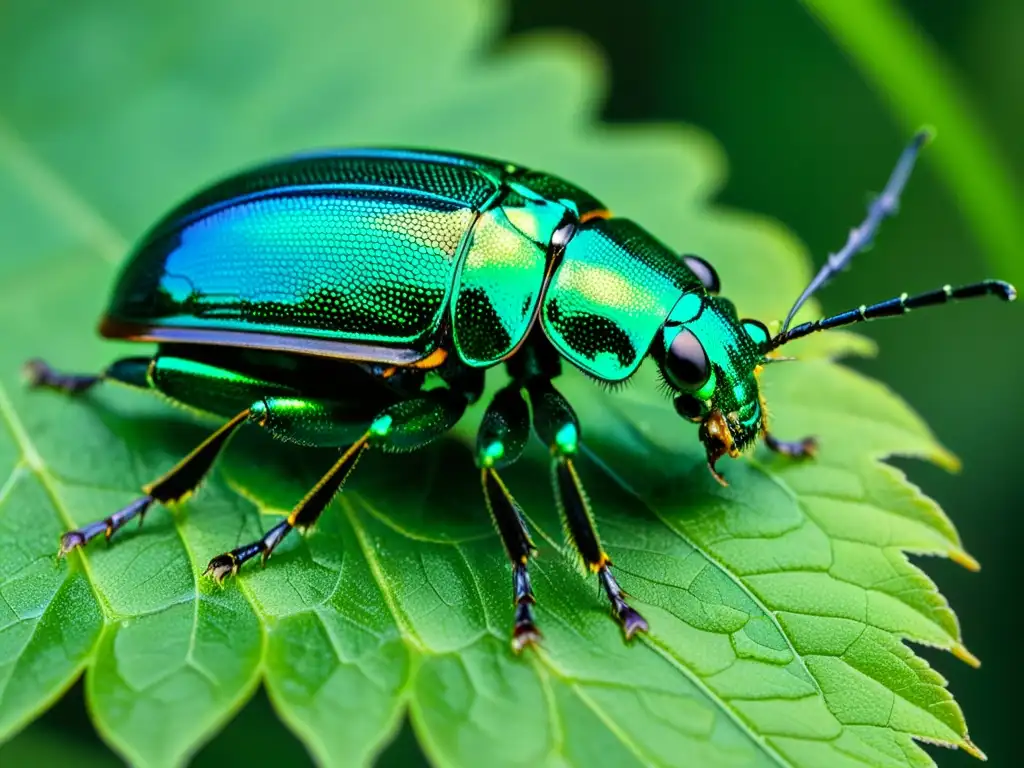 Detalle de un escarabajo iridiscente posado en una hoja, resaltando la importancia de los insectos en ecosistemas