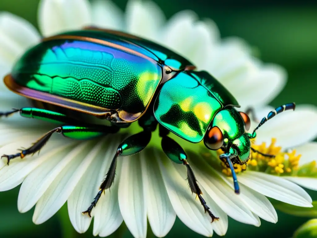 Detalle de un escarabajo iridiscente posado en una flor, resaltando la importancia de los insectos en ecosistemas