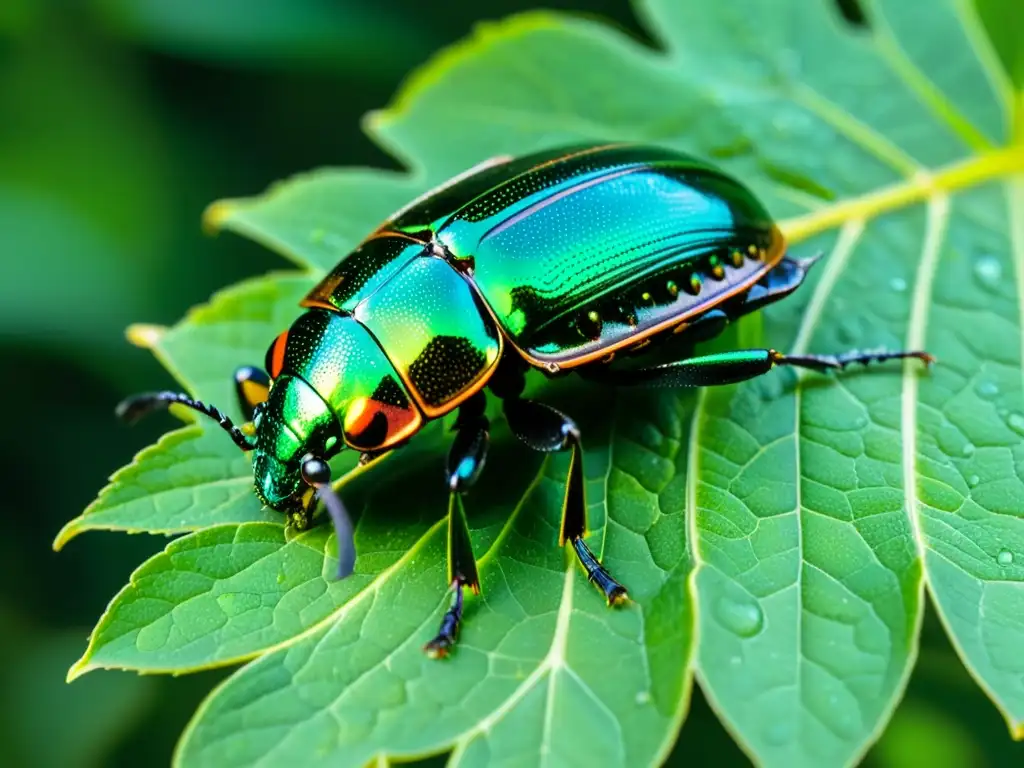 Detalle de un escarabajo iridiscente posado en una hoja con gotas de agua, resaltando la importancia de los insectos en la conservación