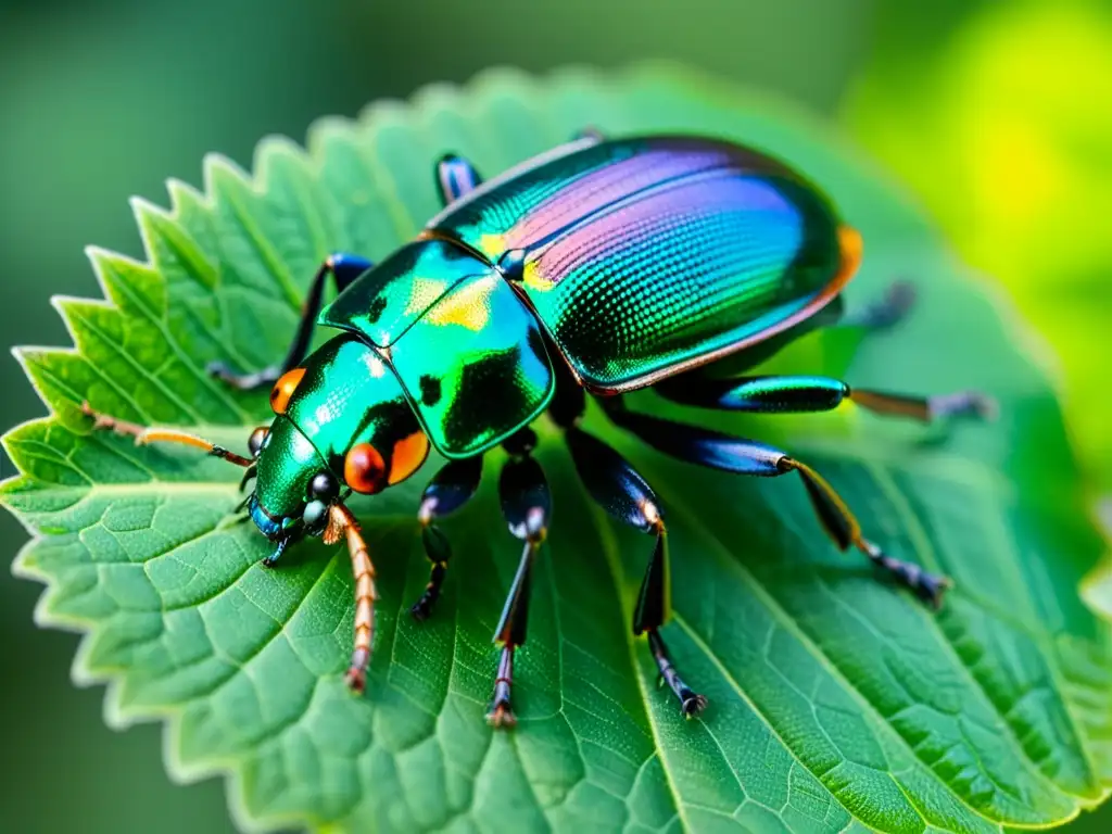 Detalle de un escarabajo iridiscente posado en una hoja verde brillante