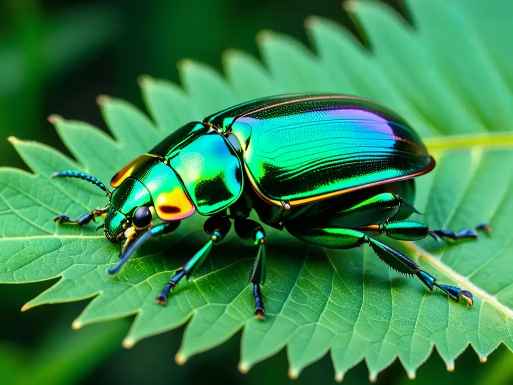 Detalle en 8k de un escarabajo iridiscente verde y negro en una hoja, revelando su exoesqueleto brillante