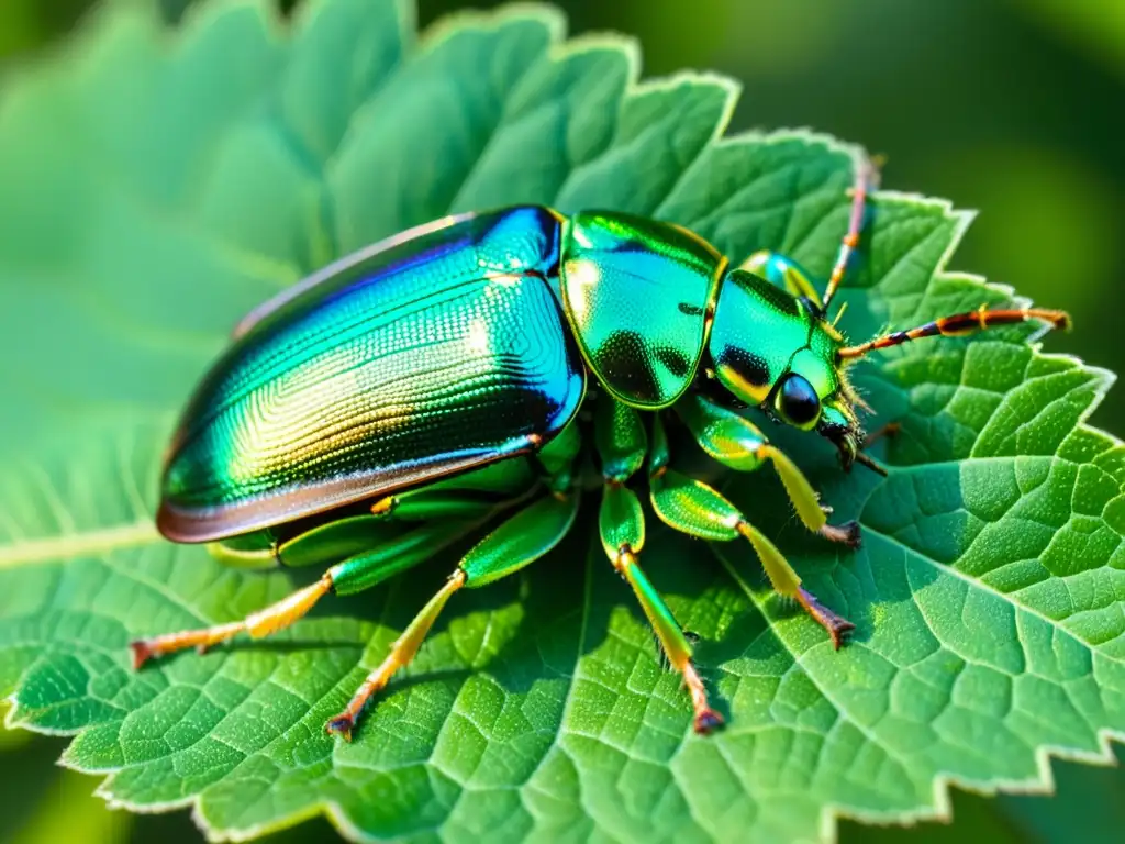 Detalle de un escarabajo iridiscente verde en una hoja, con colas adhesivas ecológicas inspiradas insectos