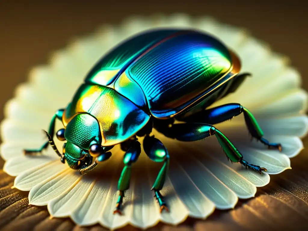 Detalle de un escarabajo joya, con un exoesqueleto iridiscente que brilla bajo la luz, mostrando la belleza natural de los insectos en arte y cultura