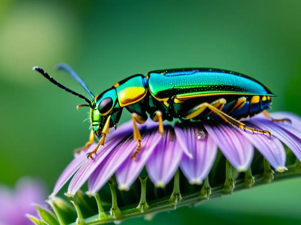 Detalle de escarabajo joya verde iridiscente en flor morada