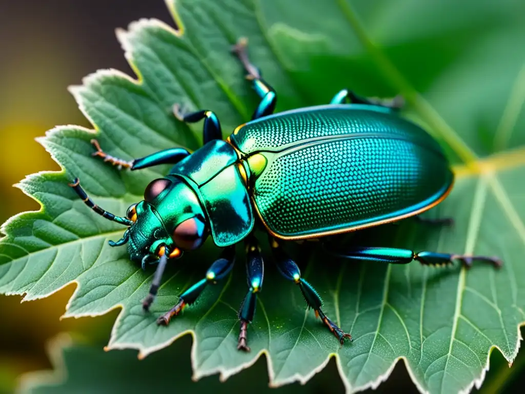 Detalle de escarabajo metálico en hoja, contrastando con contaminación industrial, capturando impacto metales pesados insectos