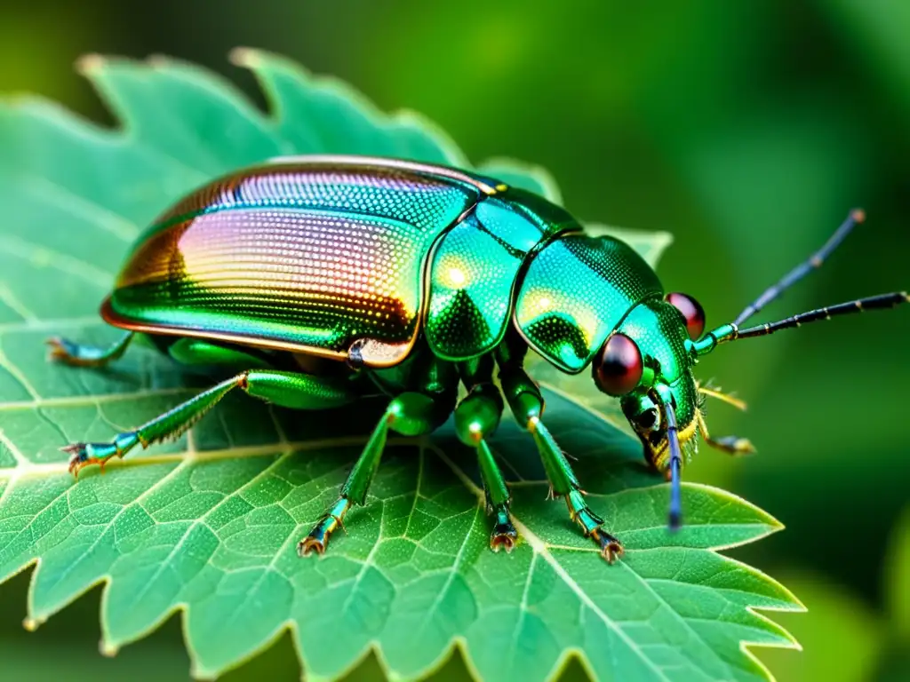 Detalle de un escarabajo metálico iridiscente sobre una hoja, mostrando sus ojos compuestos y antenas, con patrones en las alas