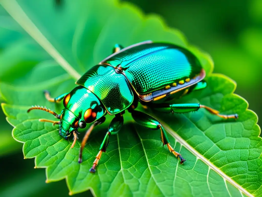 Detalle del escarabajo metálico iridiscente en hoja verde resaltando la importancia de los insectos en ecología