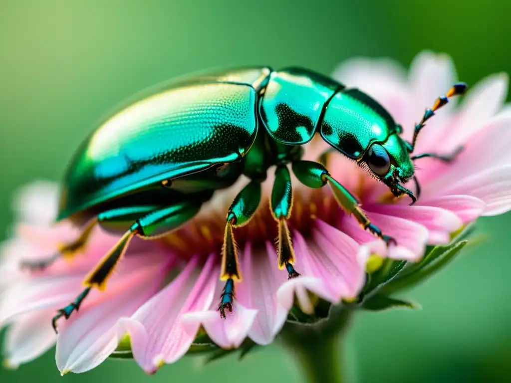 Detalle de un escarabajo metálico verde en una flor rosa