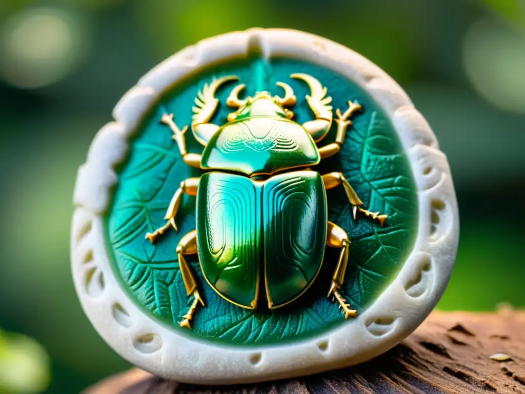 Escarabajo verde metálico sobre piedra rúnica vikinga: detalle impresionante Detalle de escarabajo metálico verde sobre piedra rúnica vikinga en bosque