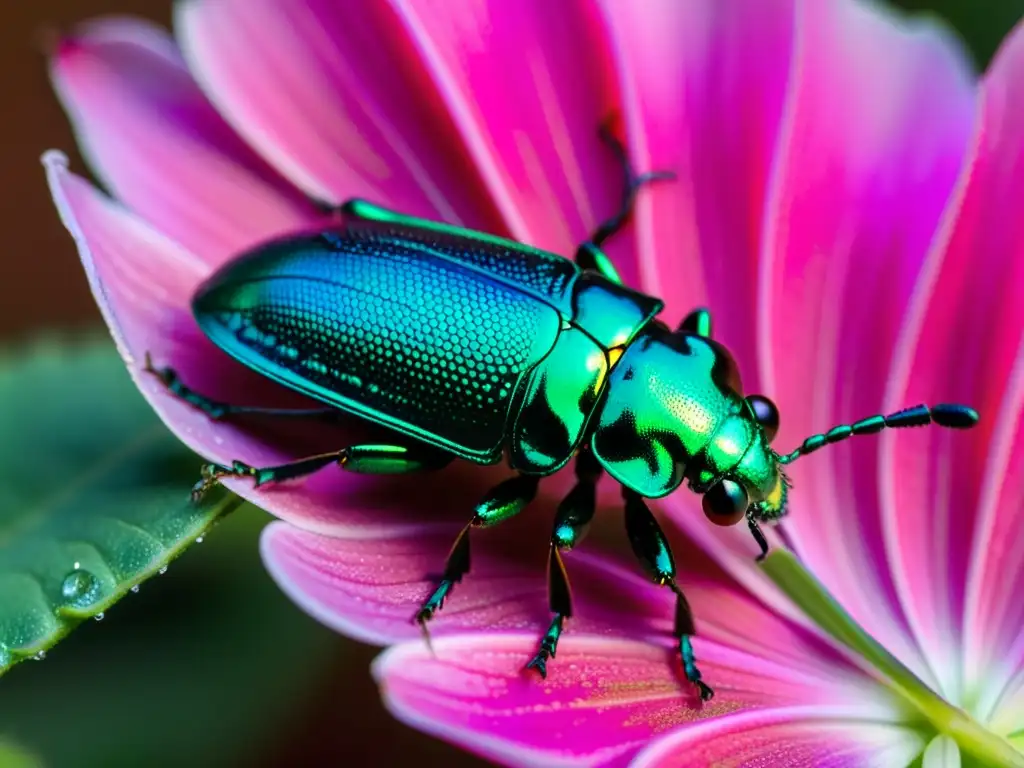 Detalle de un escarabajo joya metálico verde sobre una flor rosa