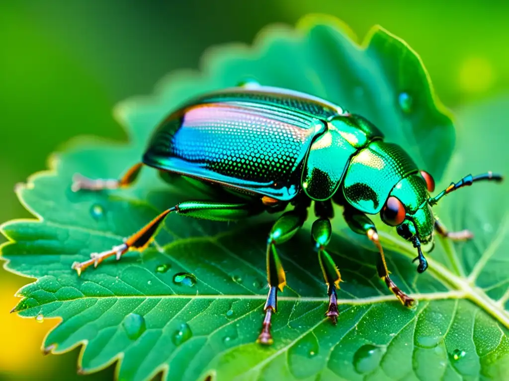 Detalle de un escarabajo metálico verde iridiscente en una hoja verde