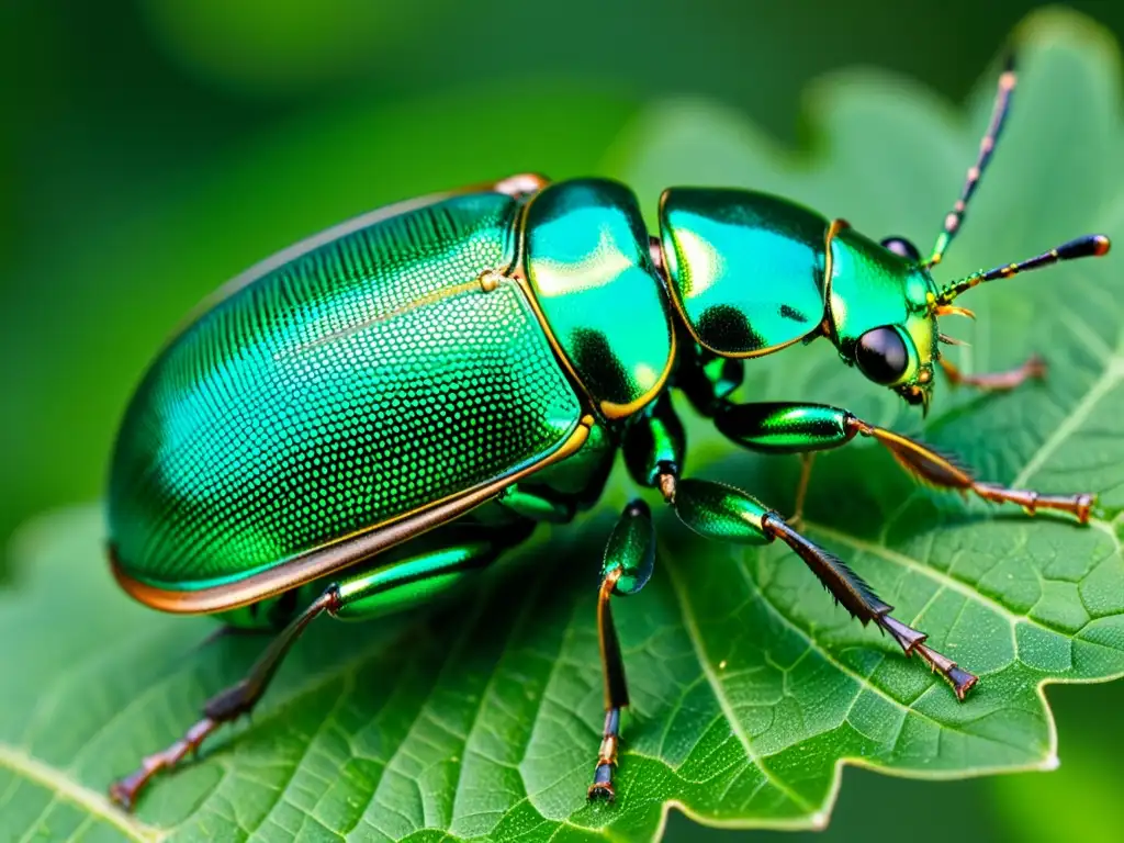 Detalle de un escarabajo metálico verde iridiscente en una hoja, con la luz revelando su intrincado exoesqueleto y alas translúcidas