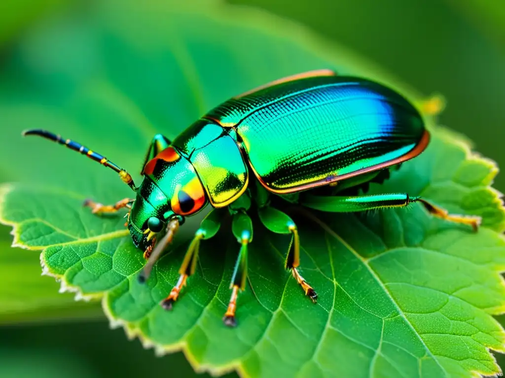 Detalle de un escarabajo metálico verde iridiscente en una hoja, resaltando su compleja anatomía