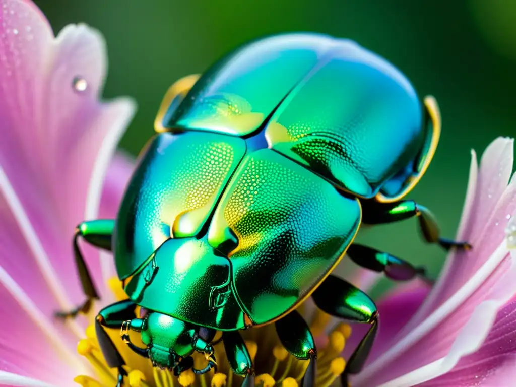 Detalle de escarabajo metálico verde sobre flor, reflejando su belleza iridiscente y relación con la representación de insectos en arte contemporáneo