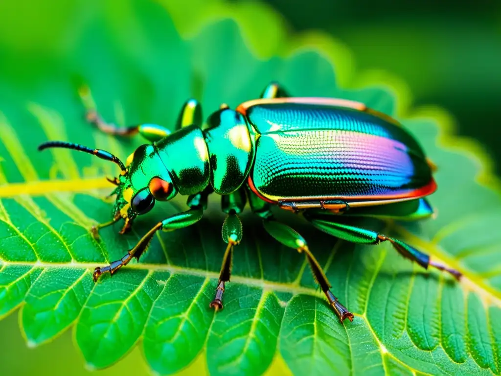 Detalle de un escarabajo metálico verde sobre una hoja, mostrando su exoesqueleto y la química de los insectos para nuevos compuestos