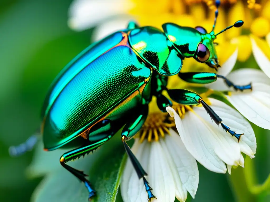 Detalle de escarabajo metálico verde sobre flor, destacando la conservación de insectos en peligro