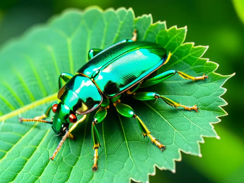 Detalle de un escarabajo metálico verde vibrante en una hoja, resaltando sus patrones y texturas