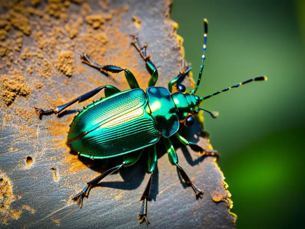 Detalle de escarabajo metálico verde sobre superficie oxidada, mostrando impacto metales pesados insectos y fragilidad ambiental