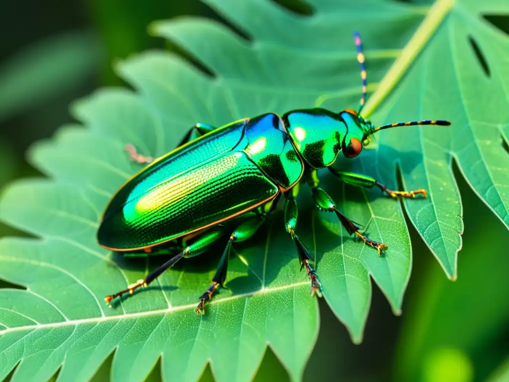 Detalle de un escarabajo joya metálico verde sobre hoja en el bosque