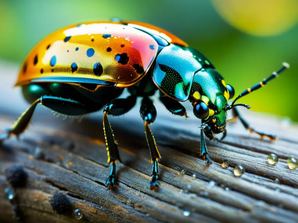 Detalle de un escarabajo en un tronco descompuesto, resaltando la importancia de los insectos en ciclos biogeoquímicos