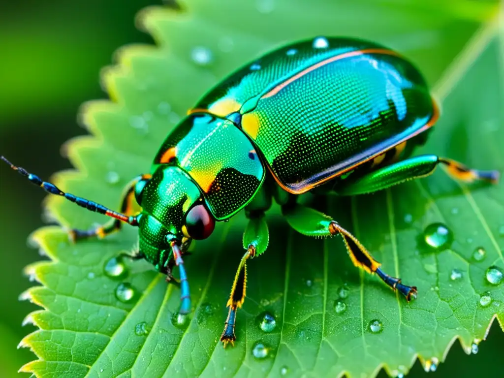 Detalle de un escarabajo verde brillante con alas abiertas y gotas de sustancia viscosa, mostrando la función de químicos defensivos en insectos