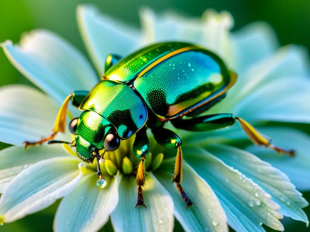 Detalle de un escarabajo verde sobre una flor, con gotas de rocío y luz dorada, para técnicas de fotografía de insectos