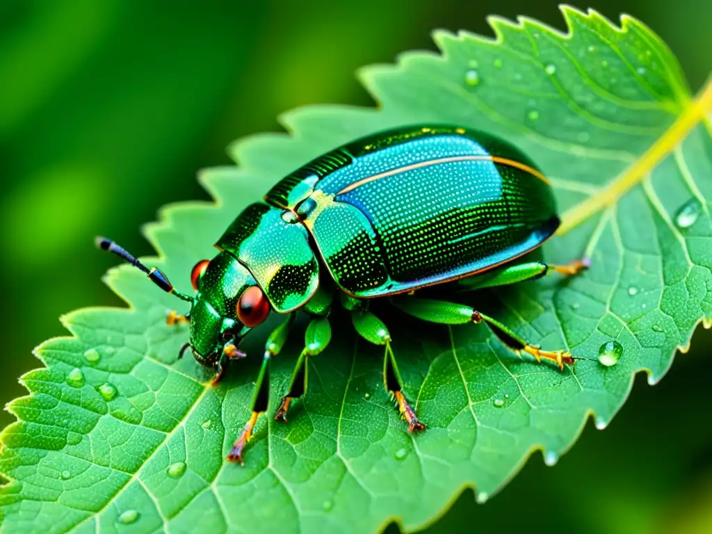 Detalle de un escarabajo verde sobre una hoja, resaltando la importancia de los colores en insectos para camuflaje y supervivencia