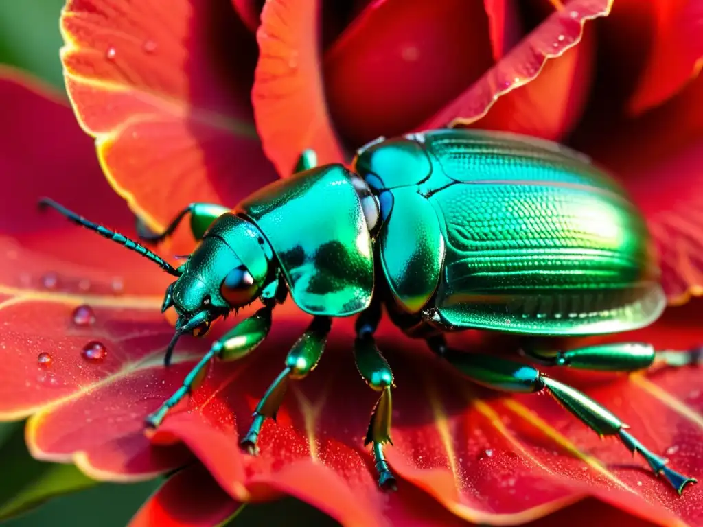 Detalle de un escarabajo verde metálico posado en un pétalo rojo vibrante