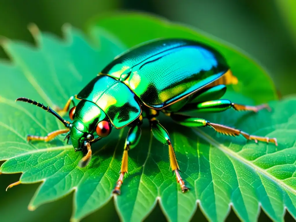 Detalle de un escarabajo verde metálico sobre una hoja, mostrando su iridiscente caparazón y alas