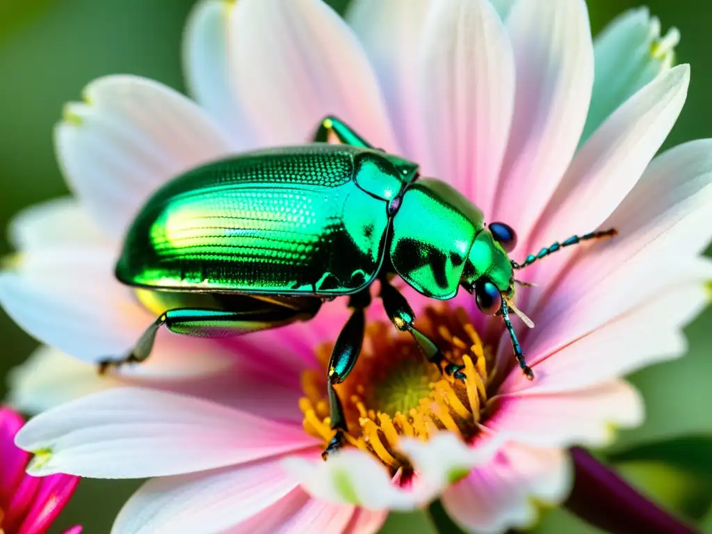 Detalle de un escarabajo verde metálico sobre una flor rosa, en una atmósfera etérea