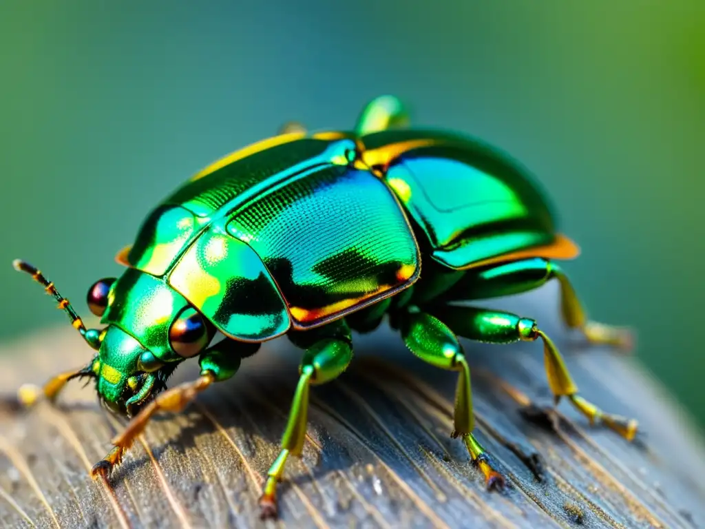 Detalle de un escarabajo verde metálico con patrones iridiscentes en su exoesqueleto, destacando su fisiología