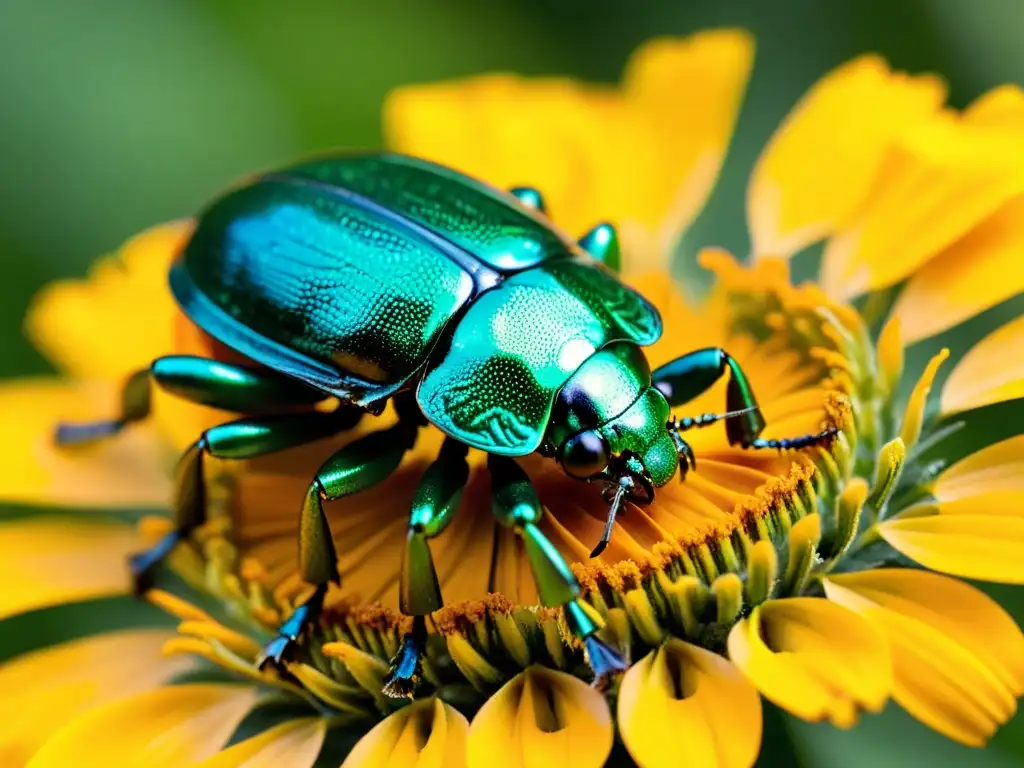 Detalle de un escarabajo verde metálico en una flor de caléndula