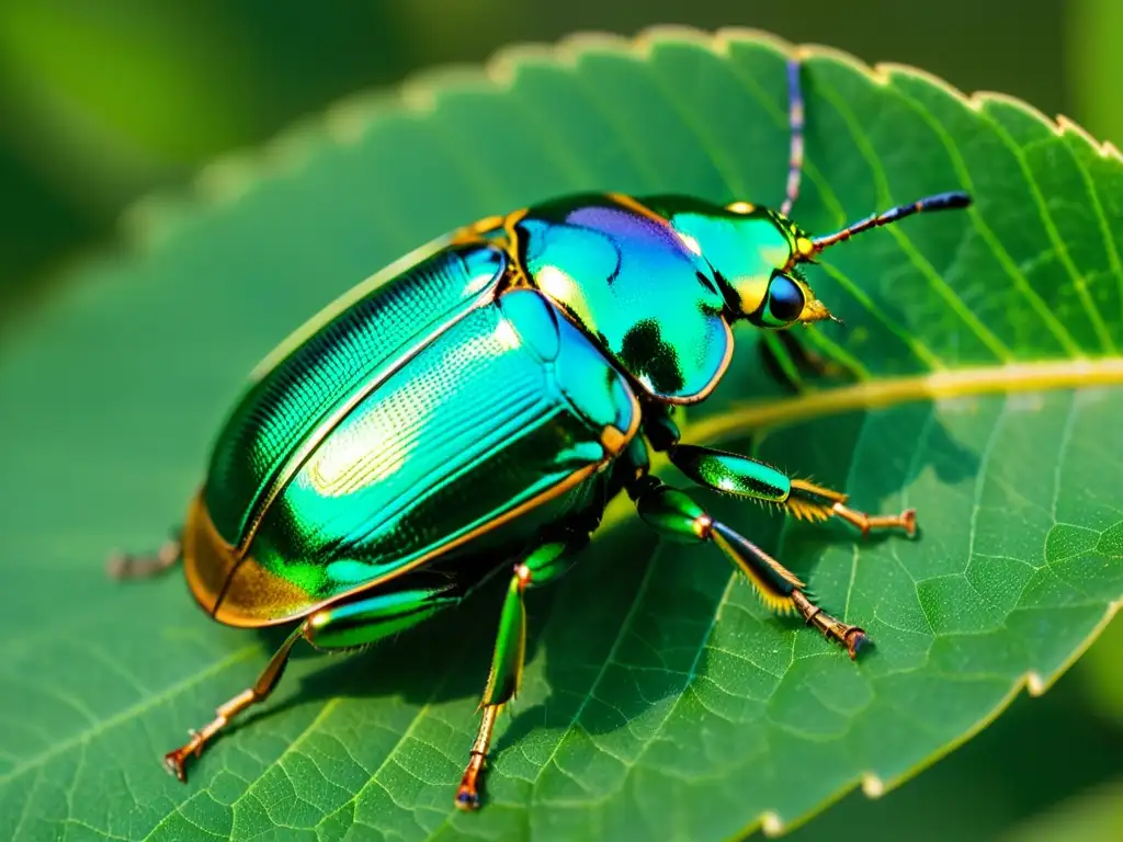 Detalle de escarabajo verde metálico sobre una hoja, con reflejos de luz