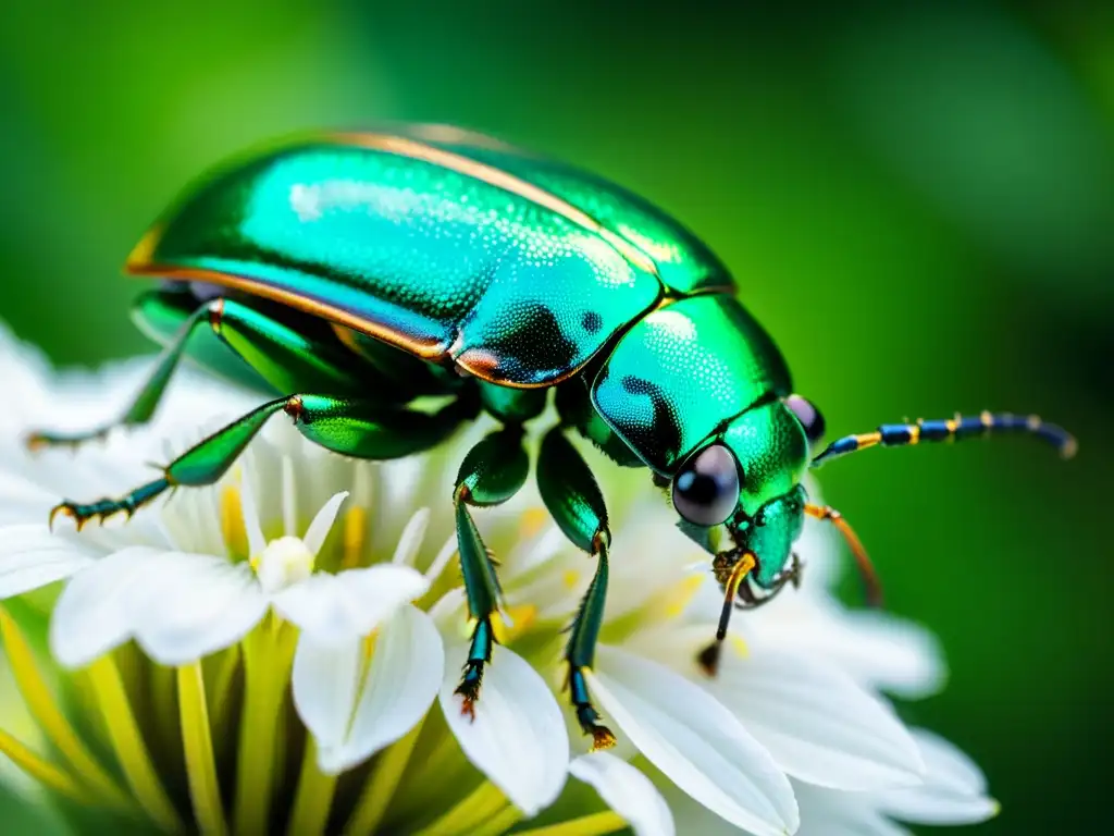 Detalle de escarabajo verde metálico en flor, exosqueleto iridiscente y alas translúcidas, ideal para guía de estudio de insectos