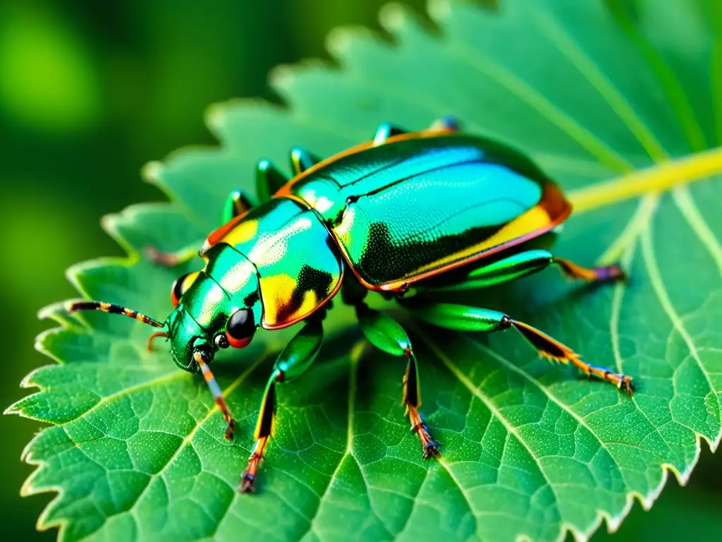 Detalle de un escarabajo verde metálico posado en una hoja, mostrando su belleza para la ciencia ciudadana conservación insectos