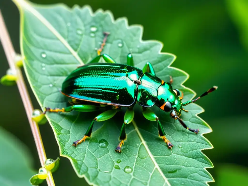 Esplendor verde: detallada imagen de escarabajo metálico en hoja Detalle de un escarabajo verde metálico en una hoja, resaltando la importancia de la taxonomía insectil en su hábitat natural
