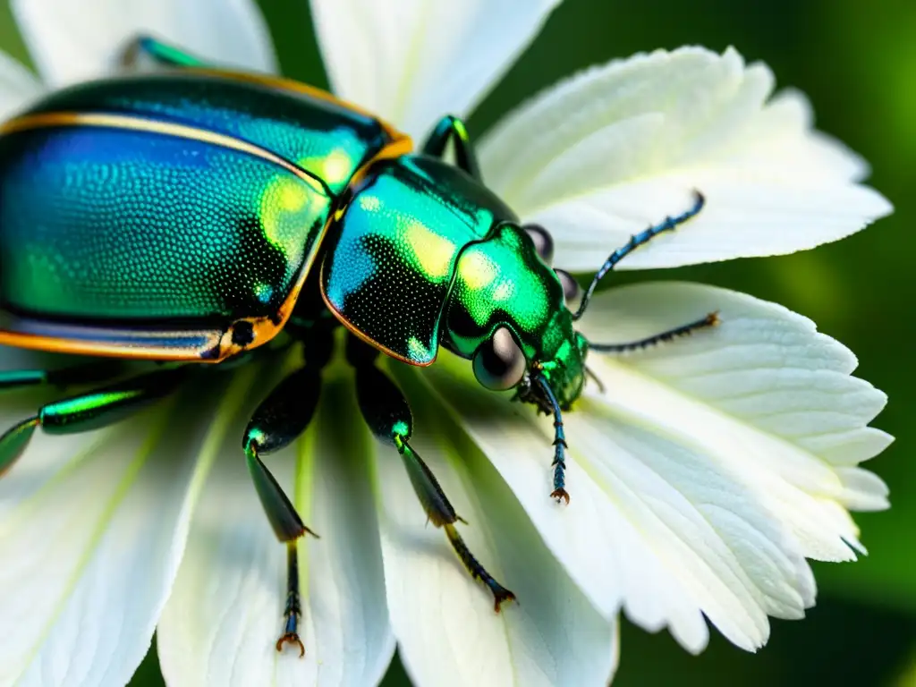 Detalle de un escarabajo verde y negro sobre pétalo de flor, resaltando la importancia de los insectos en ecosistemas