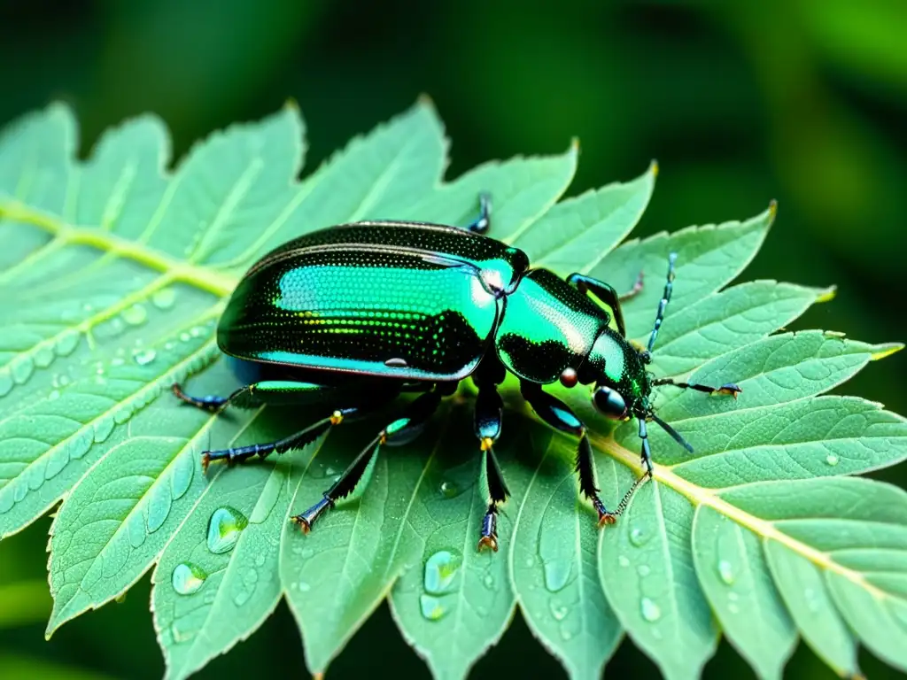 Detalle de escarabajo verde y negro en hoja con rocío, resaltando la belleza y fragilidad de la vida de insecto en su hábitat natural