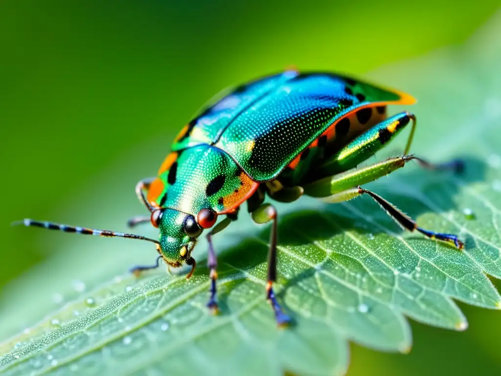 Detalle de chinche escudo verde y negro en red de seda con insectos y comportamiento alimentario de insectos omnívoros