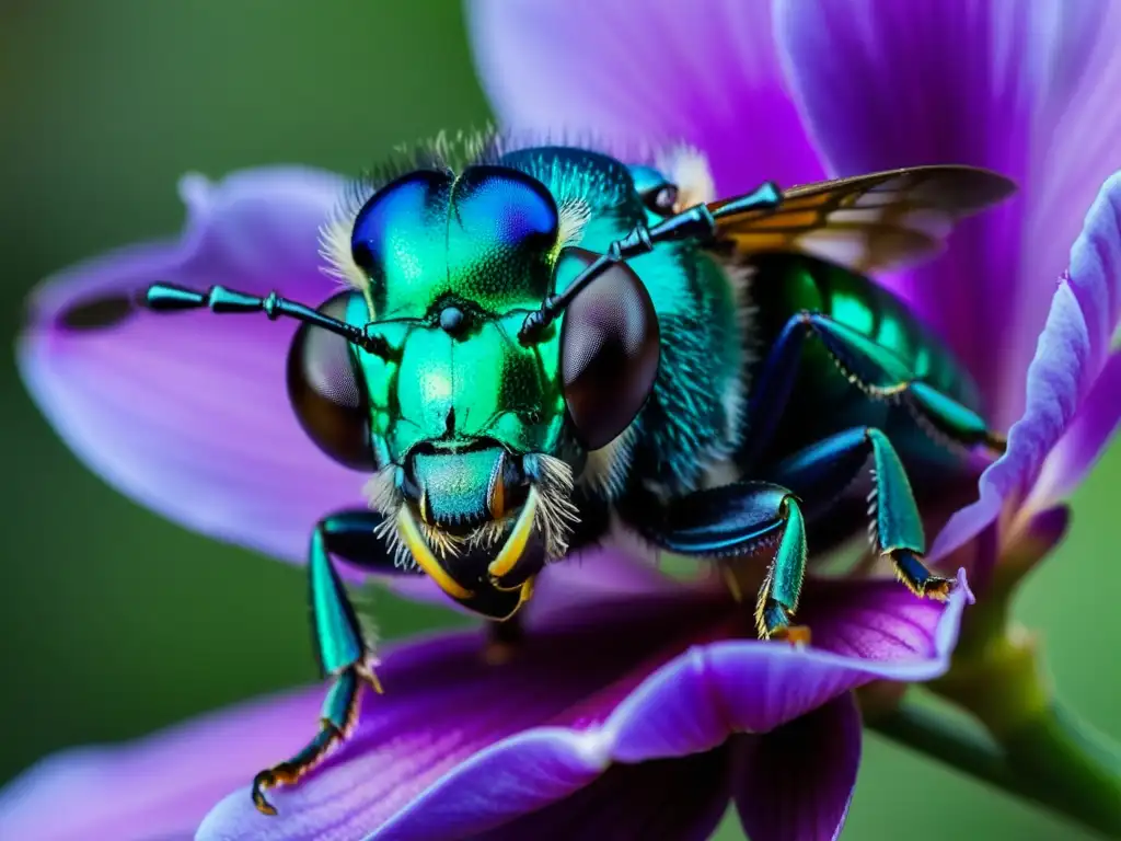 Detalle espectacular de abeja orquídea metálica verde (Euglossa dilemma) sobre flor púrpura