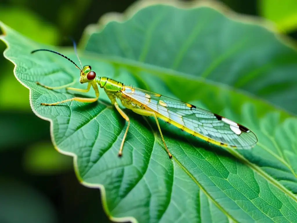 Detalle de estrategias de supervivencia de insectos alimentándose en hojas verdes