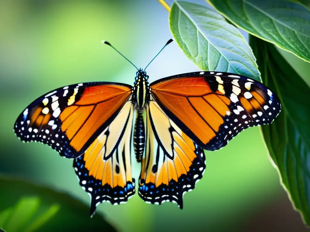 Detalle excepcional de una mariposa monarca emergiendo de su crisálida, resaltando su transformación y belleza