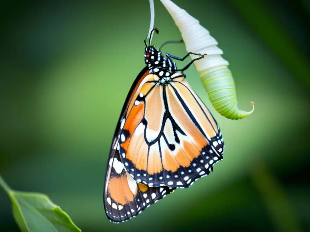 Detalle excepcional de una mariposa monarca emergiendo de su crisálida, con alas delicadas y entorno natural