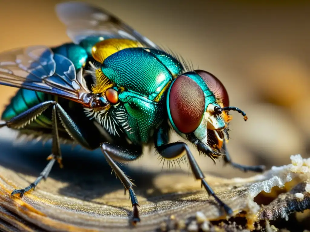 Detalle excepcional de una mosca Calliphoridae sobre un animal en descomposición, resaltando sus ojos compuestos y brillos metálicos