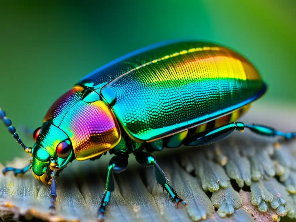 Detalle del exoesqueleto iridiscente de un escarabajo joya, resaltando la importancia de los colores en insectos