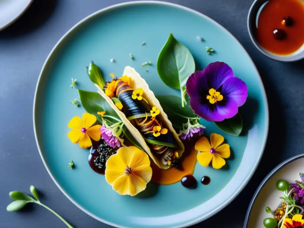 Detalle de exquisito plato de insectos en dieta culturalmente incorporados en alta gastronomía