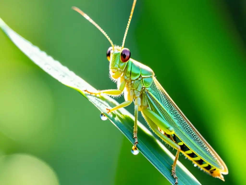 Detalle exquisito de un saltamontes verde sobre una brizna de hierba