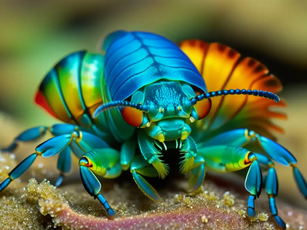 Detalle de la extremidad de un camarón mantis, destacando sus adaptaciones anatómicas para la caza